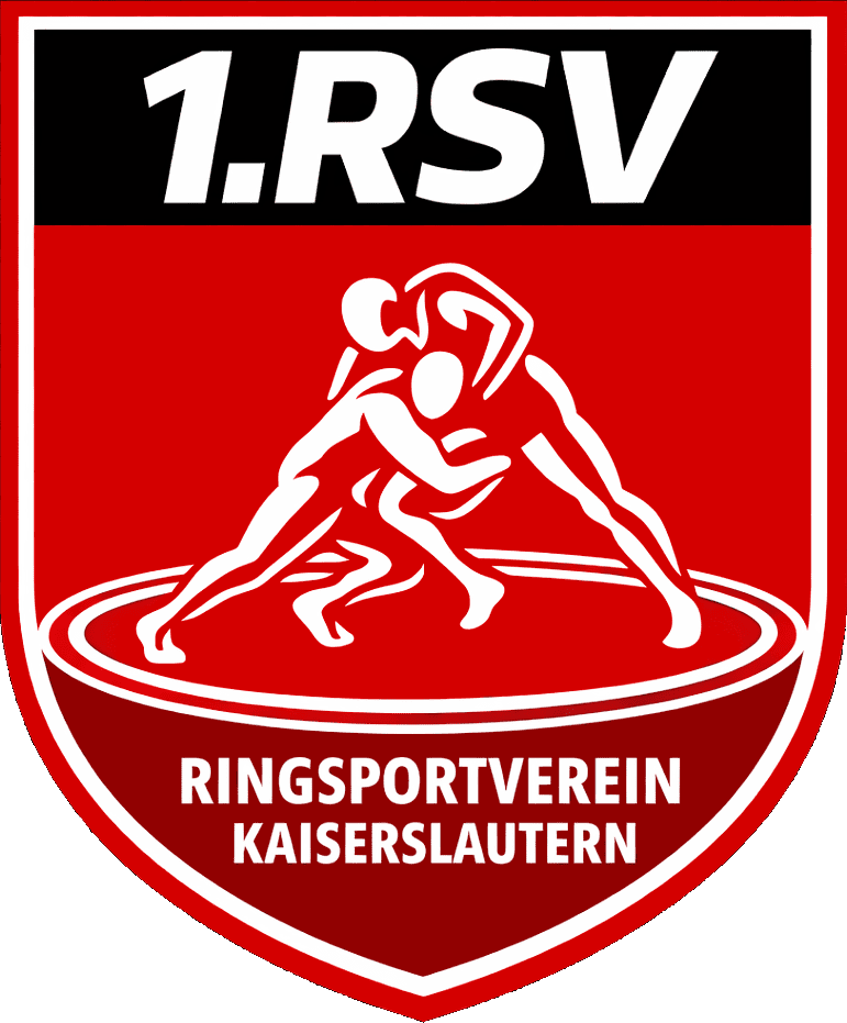 Logo des 1. Ringsportvereins Kaiserslautern mit zwei kämpfenden Ringern auf rotem Hintergrund.